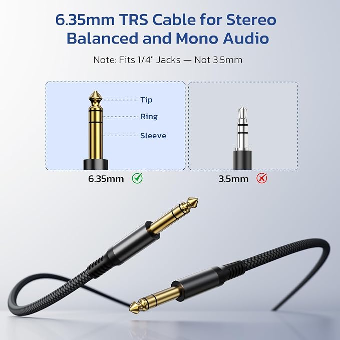 RUXELY 6.35mm TRS Instrument Cable 9M 2-Pack,Straight 1/4 Inch Male Jack Stereo Audio Interconnect Cord,Balanced Lead Line for Electric Guitar,Bass,Keyboard,Mixer,Amplifier,Amp,Speaker,Equalizer