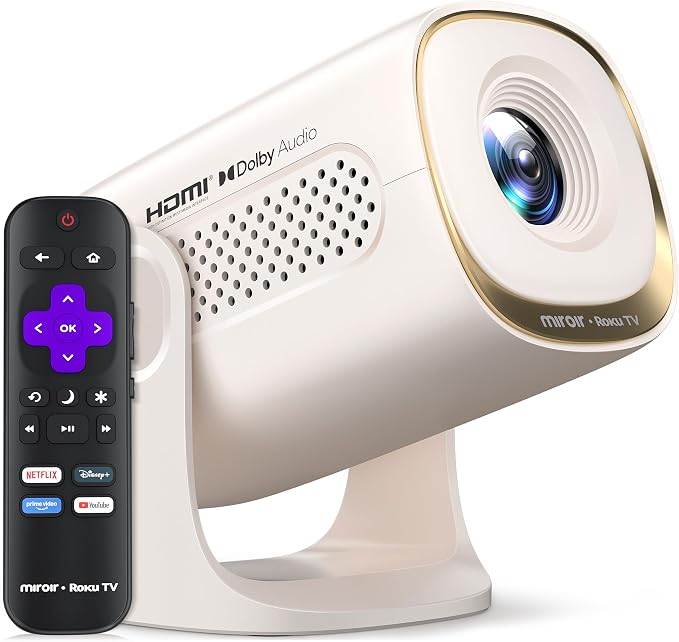 Miroir Roku TV Smart Projector with WiFi and Bluetooth, 150 ANSI, Dolby Audio, 270° Rotatable Stand, Auto Keystone & Zoom — Portable Mini Outdoor Movie Projector with Roku Streaming Built-in