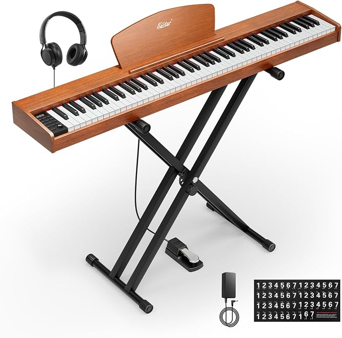 Eastar EP-80 Piano Keyboard 88 Keys, Full Size Electric Keyboard Piano with Velocity-Sensitive Key, Portable Beginner Digital Piano Bundle Piano Stand, Sustain Pedal, Music Stand and Headphones, Brown