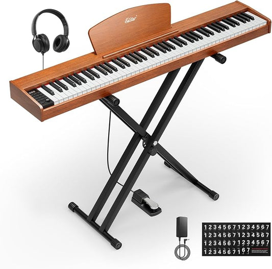 Eastar EP-80 Piano Keyboard 88 Keys, Full Size Electric Keyboard Piano with Velocity-Sensitive Key, Portable Beginner Digital Piano Bundle Piano Stand, Sustain Pedal, Music Stand and Headphones, Brown