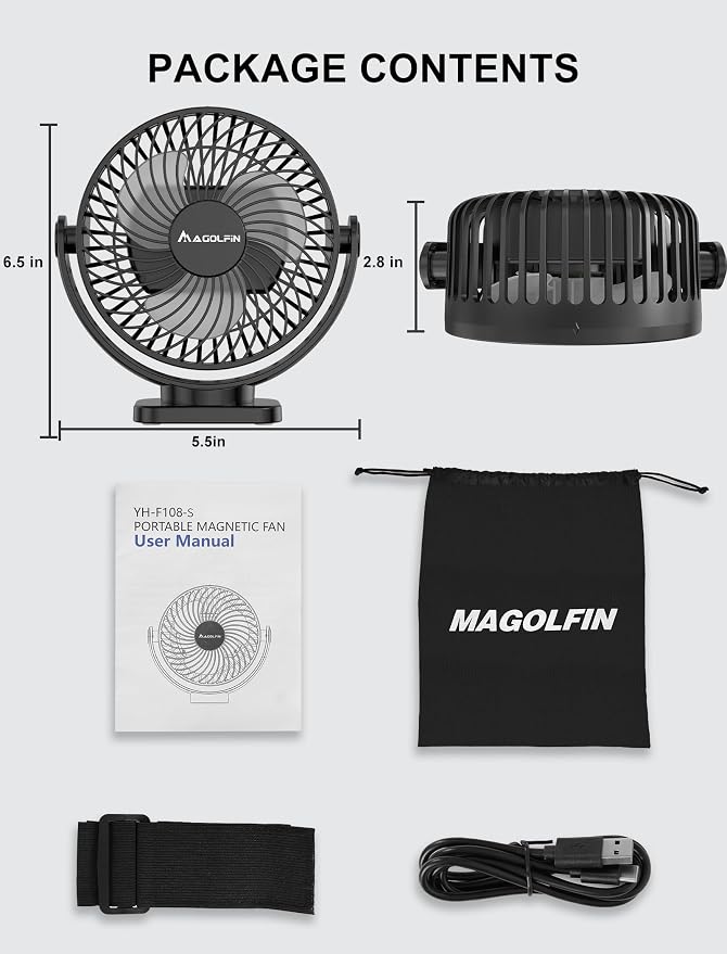 [Upgraded 2X Magnet] 2-Pack Magnetic Golf Cart Fan Rechargeable, 12000mAh Battery Operated Portable Fan with Light, Magnetic Base, Suitable for EZGO Club Car Yamaha, Golf Cart Accessories 2026