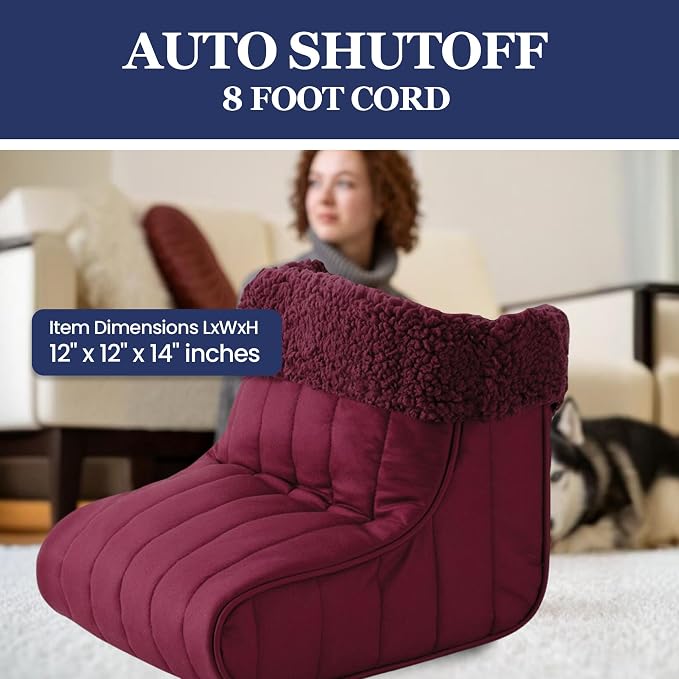 Thermee Micro Flannel Heated Foot Warmer, Sherpa Fleece, 2-Hour Safety Shut-Off, Electric Foot Heater for Women & Men, Foot Warmers for Feet, Heated Slippers, Under Desk Foot Warmer - Burgundy