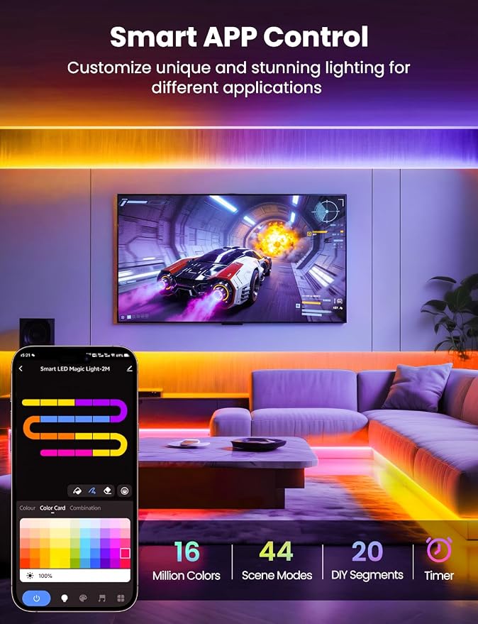 RGB+IC LED Strip Light, 104ft Smart LED Light for Bedroom, Bluetooth APP Control, Color Changing LED Strip Lighting, 44 Scene Modes, Music Sync, TV Backlight Behind Strip, Home Decor, Gaming Room