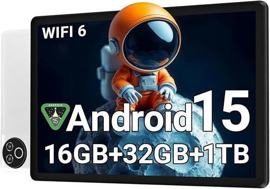 Android 15 Tablet 10 Inch, 16GB RAM 32GB ROM 1TB Expandable, Fast WiFi 6 & BT 5.4 Tablets 5-Core, HD IPS Touchscreen, 8H+ Battery, Dual Camera Tablet for Kids & Adults, Streaming, Gift (Arctic White)