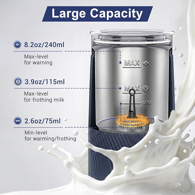 Wowteam Milk Frother, 4-in-1 Electric Milk Steamer, Warm and Cold Milk Warmer and Foam Maker for Coffee, Latte, Cappuccinos, Macchiato, 8.2oz/240ml, Stainless Steel (Blue)