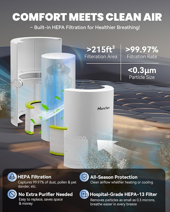Hanchen Dual-Tech Bladeless Tower HEPA Fan, Ultra-Quiet 3-in-1 Cooling, Heating & Air Purifier | UL Listed PTC Ceramic Fast Heat, Auto Shutoff, Sturdy Base for Home, Office & Bedroom