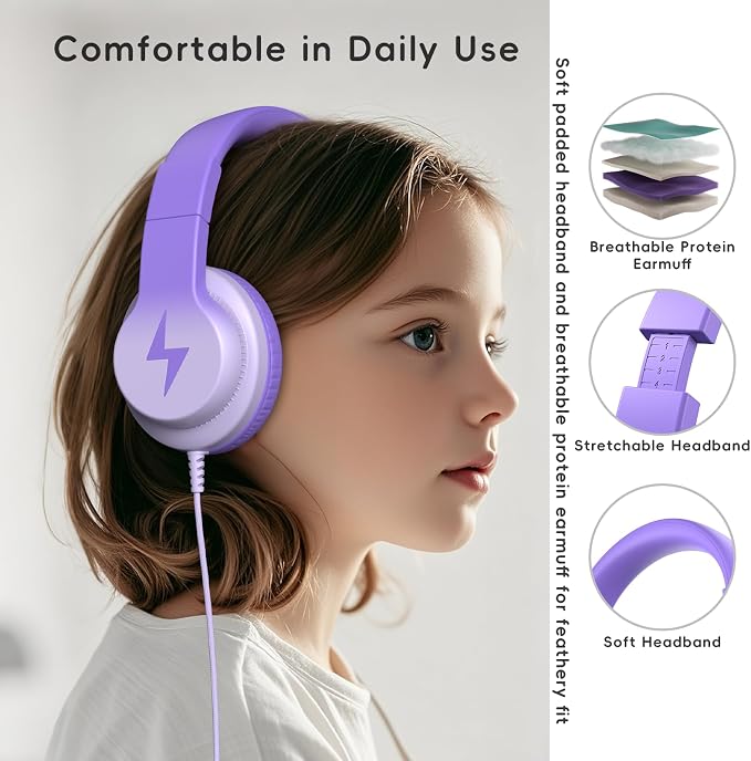 Candy Bila Kids Headphones, Wired Headphones for Kids Over Ear with Microphone, Foldable Headphone for Learning & Entertainment, Gradient Deep Purple