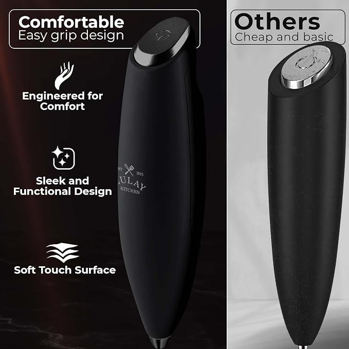 Zulay Kitchen Powerful Milk Frother Wand With Duracell Batteries - Ultra Fast Handheld Drink Mixer - Electric Whisk Foam Maker for Coffee, Lattes, Cappuccino & Matcha - Triple Whisk - Midnight Elite