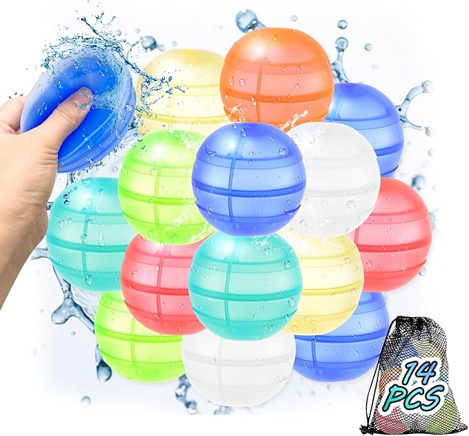 Reusable Water Balloons for Kids & Adults, 14 Pack Refillable Silicone Water Balloons – Quick Fill, Auto Sealing Water Balloon for Pool, Summer Toys Beach Toys for Outdoor Idea Gift, Party Supplies