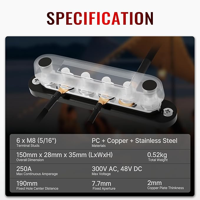 RVMARINEPAT 12V Bus Bar 250A Power Distribution Block, 12 Volt Busbars 6 x 5/16" (M8) Terminal Studs Positive & Negative for Car, Marine, Solar Systems