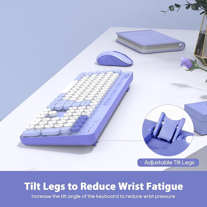 Wireless Keyboard and Mouse Combo, Retro Round Keycaps, Cute Full-Size Typewriter Keyboard with Phone Holder, Sleep Mode, Click Soft, 2.4GHz Cordless Connection for Windows/PC/Laptop