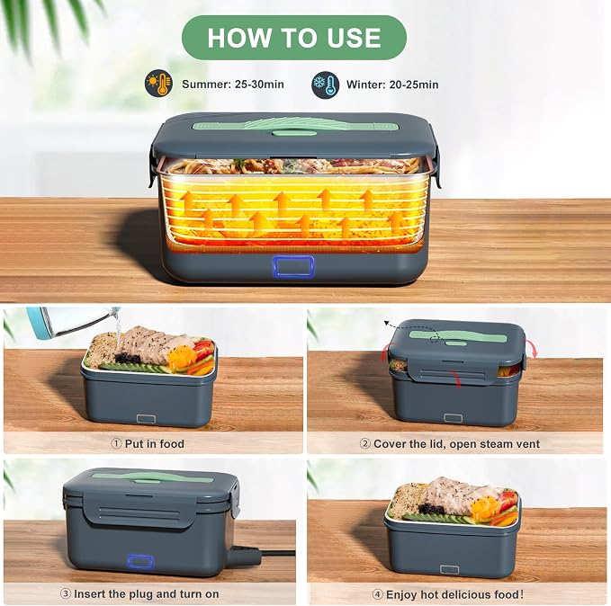 Vingud Electric Lunch Box 100W, 4 in 1 Heated Lunch Box for Adults, Heating Lunch Box for Work/Car/Truck with Fork Spoon and 1.8L Stainless Steel Container, 12V 24V 110V 220V, Dark Gray