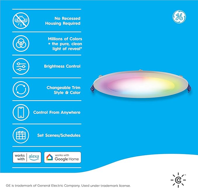 Cync GE Reveal HD+ Wafer Smart LED Downlight Fixture, Full Color Changing Lights, WiFi and Bluetooth LED Lights, 760 Lumens, Works with Google Home and Amazon Alexa, 4 Inches (2 Pack)