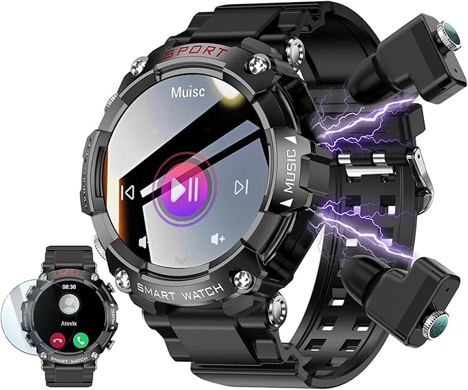 Smart Watch with Earbuds for Men, Smart Watches for Android Phones, Bluetooth Calling can Answer and Make Calls, Military Resistant Fitness, Sports Fitness Tracker with Step,Heart Rate
