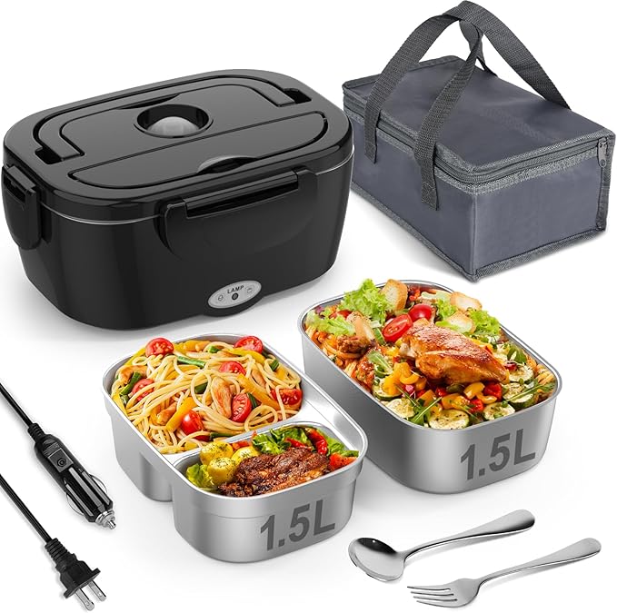 Vabaso Electric Lunch Box for Adults, 80W Heated Lunch Box with Dual 1.5L Stainless Steel Containers, Portable Food Warmer for Men Work Car Truck, 12V/24V/110V/220V -Black