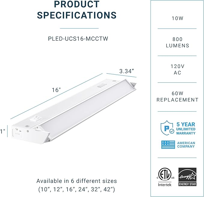 PARMIDA LED Swivel Under Cabinet Lighting, Hardwired or Plug-in Installation, 16 Inch, 10W, 5CCT Color Selectable - 2700K/3000K/4000K/5000K/6000K, Rotatable Lens, Dimmable, Linkable, 120V, 800LM, ETL
