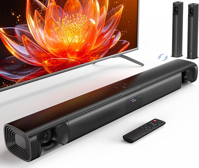 Sound Bar for Smart TV, 80W Surround Sound System, 2-in-1 Detachable Design, 2.0 Channel Soundbar, Dual Woofers & Dual Silk Horn Tweeters, Bluetooth5.3 ARC AUX Optical Home Theater Speaker