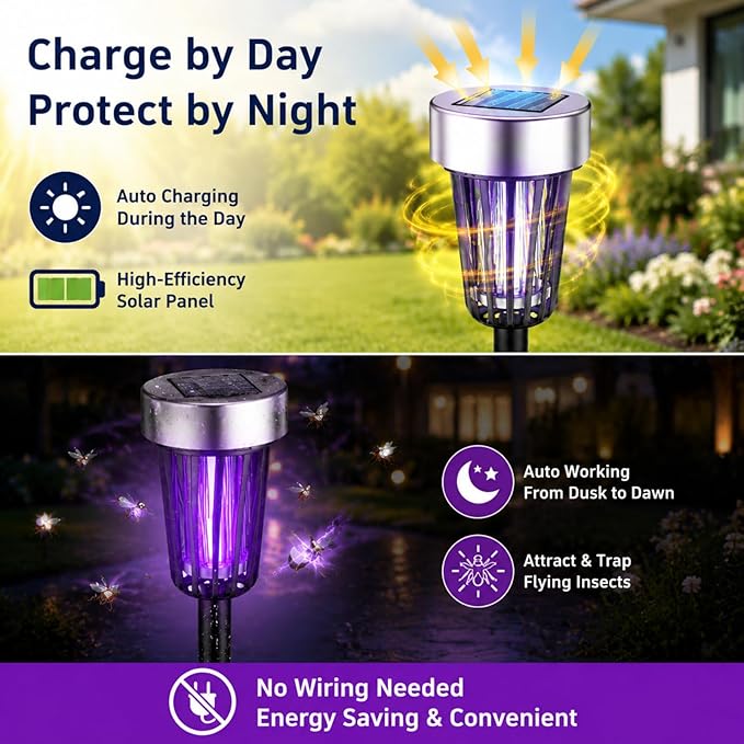 2026 New Solar Bug Zapper Outdoor Waterproof,Mosquito Zapper Rpellent Outdoor Patio,Purple & White Light,Auto-On at Dusk,Effective Fly Insect Gnat Zapper Trap for Yard,Garden,Backyard,Pathway