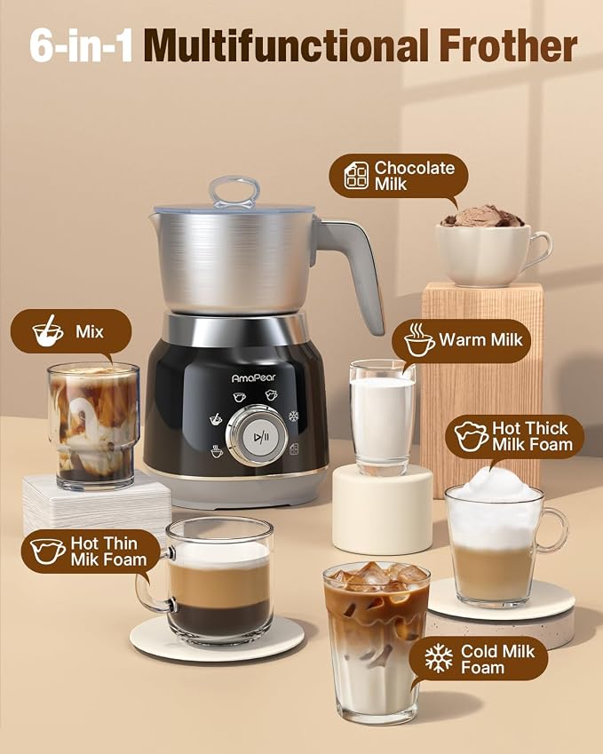 Milk Frother and Steamer, 6 in 1 Electric Foam Maker for Coffee, 16.9oz/500ml Milk Warmer for Latte, Macchiato, Cappuccino, Hot Chocolate Maker, Dishwasher Safe (Black)
