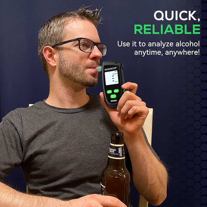 RDINSCOS Fuel Cell Breathalyzer with Active Pump Sampling Alcohol Tester | Rechargeable, Fast Accurate BAC Detector, Includes 5 Food-Grade Mouthpieces, Personal Safety Use
