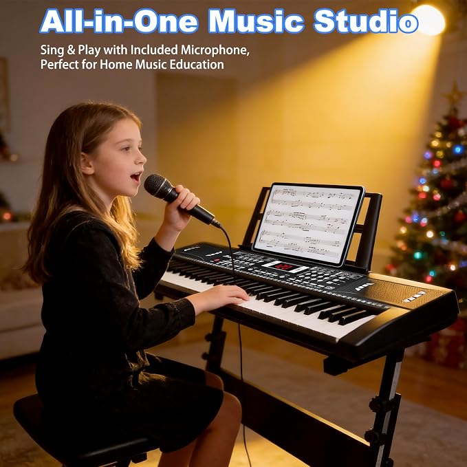 61 Key Keyboard Piano, Digital Kids Piano Keyboard with Stand, Gift for Early Education Children, Black