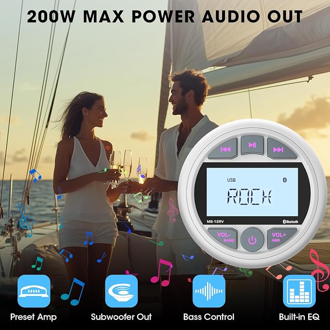 Bluetooth Marine Stereo Receiver: Waterproof Gauge Radio System - Digital MP3 Player 2.8 Inch LCD Display AM FM USB AUX Subwoofer for Boat ATV UTV Off-Road Vehicles