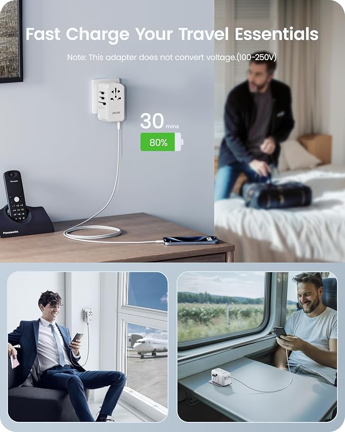 LENCENT 140W International Travel Adapter, GaN Universal Travel Adapter with 1 USB-A & 3 Type C Power Converter, Fast Charger for Phone,Laptops, Worldwide Plug Outlet for USA/UK/EU/AUS, White