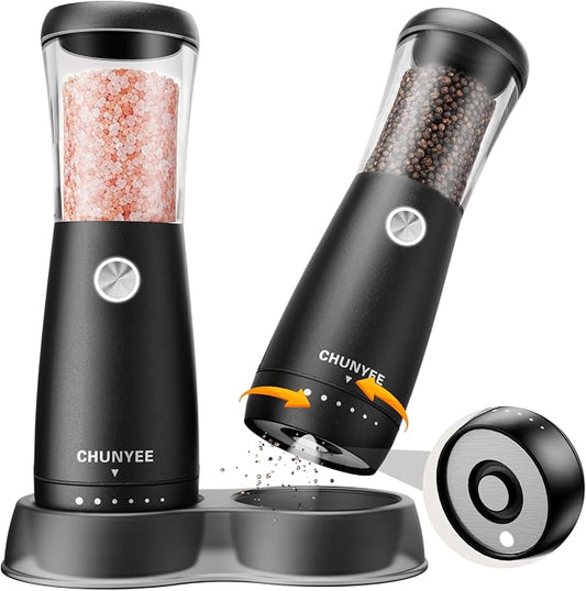 Electric Salt and Pepper Grinder Set - Automatic Stainless Steel Rechargeable Salt and Pepper Grinder Set with Storage Base, Large Capacity, LED Light & Adjustable Coarseness, Ideal Kitchen Gadget
