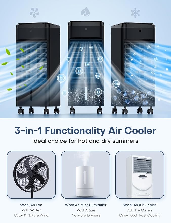 NOMEY 3-IN-1 Portable Air Conditioners 4 Modes & 3 Speeds, Waterless Alert System, 12H Timer, 1 Gal Detachable Water Tank, 4 Ice Packs, Remote, 70° Oscillation Windowless Evaporative Air Cooler