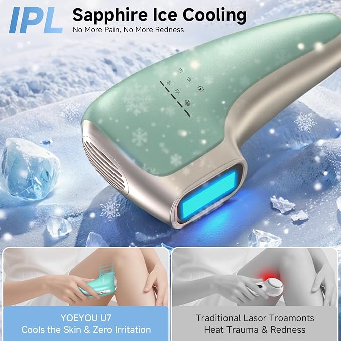 Sapphire Ice Cooling IPL Hair Removal Device, Painless At-Home Permanent Hair Remover for Women Men, 5 Levels 2 Modes for Full Body Use