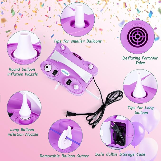 AGPTEK Electric Air Balloon Pump, 110V 600W Rose Red Portable Dual Nozzle Inflator/Blower for Party Decoration