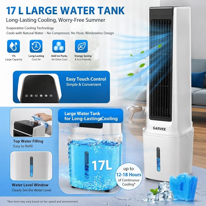 White and Black Portable Air Conditioner Fan, Evaporative Air Cooler with Remote Control, 3 Fan Speeds, 1600ml Water Tank, 2/4/8 Hour Timer, Adjustable Airflow, for Bedroom Office Desk