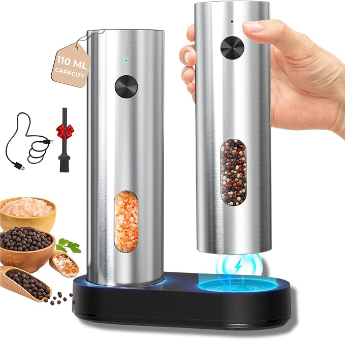Electric Salt And Pepper Grinder Set, Rechargeable Dual Charging Base, Automatic Refillable Pepper Mills, with 110ml Large Capacity, Adjustable Coarseness & LED Light, Ideal for Kitchen, Outdoor & BBQ