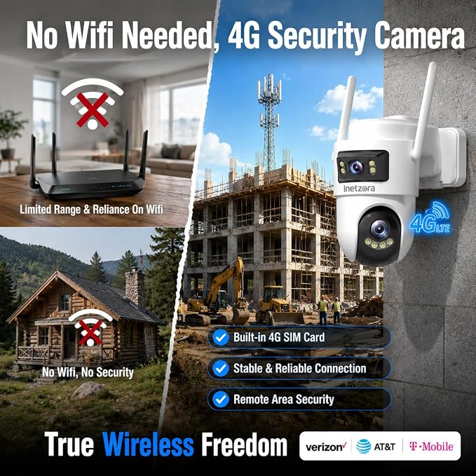 2K Dual Lens 4G LTE Solar Outdoor Security Camera, No WiFi Needed | 24/7 continuous recording,10W solar panel,13500mAh battery,human auto tracking,Ideal for farm&construction site,cabin,barn