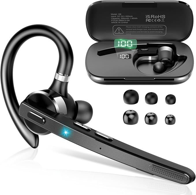 2026 Bluetooth Headset, Wireless Bluetooth 5.3 Earpiece, 90Hrs Single-Ear Headset with APTX HD Audio & Mute Button, Dual Noise Cancelling Mics, Hands Free Headphone for Trucker, Business, Gym, Grey