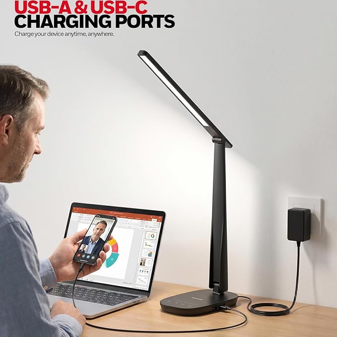 Honeywell LED Desk Lamp for Home Office, Eye-Caring Dimmable Reading Light with 4 Color Modes, Touch Control, USB-A & USB-C Charging Ports, Adjustable Head, Timer for Bedroom & Small Desks
