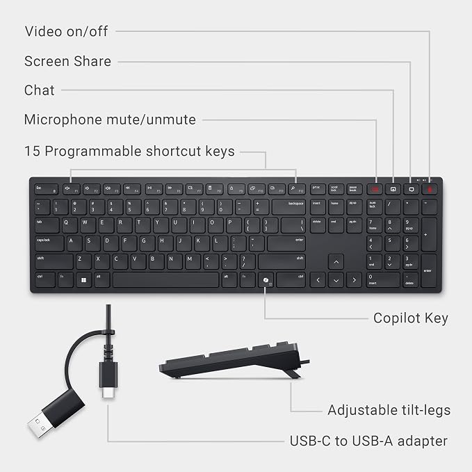 Dell KB525C Wired Collaboration Keyboard - USB-C & USB-A Versatile connectivity, 15 Programmable Shortcuts, Collaboration Keys - Zoom & Microsoft Teams, Copilot Key, Silent Keys - Black