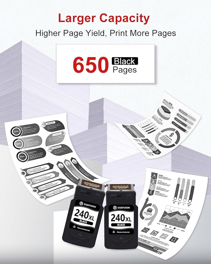 EaseFusion 240XL Black Ink Cartridges Replacement for Canon 240XL Black Ink Cartridge PG-240XL PG-240 Compatible with PIXMA MG3620 MG3600 TS5120 MX452 MG3220 MG3520 Printer, 2-Pack