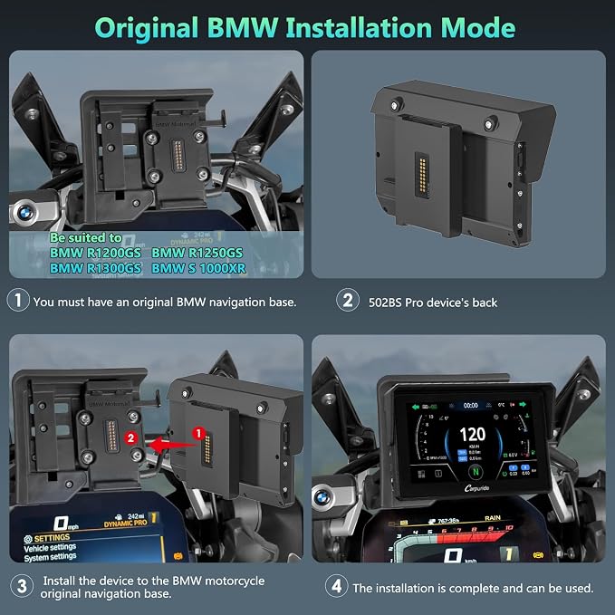 CARPURIDE W502BS for BMW Motorcycle CarPlay & Android Auto Dual Bluetooth, 5" Waterproof GPS Navigation Screen, Data Reading, Native Wonder, TPMS, Light Sensor, Music Sharing, Intercom, 16-Pin