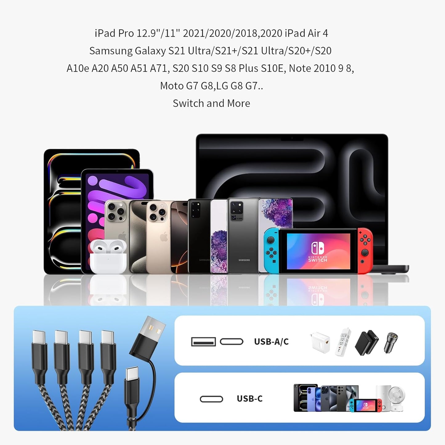 USB C Splitter Multi Charging Cable,USB A/C to USB C Charging Cord,Dual Type C Charger Cord,4 in 2 Multi Charger Cord with 4 Type-C Connectors Compatible with iPhone16/15/Cell Phones Tablets and More.