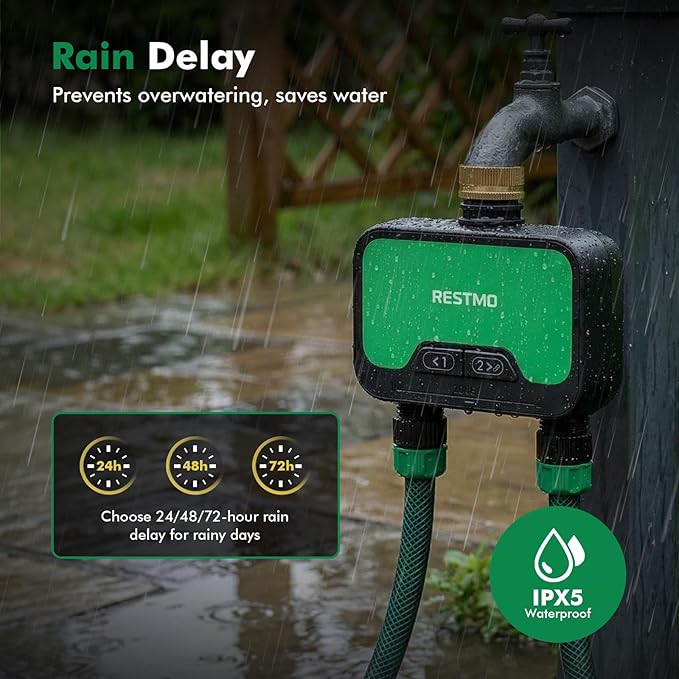 RESTMO Smart WiFi Water Timer for Garden Hose, 2 Zone Sprinkler Timer with APP Control & Brass Inlet, Rain Delay/Manual/Automatic Watering System, Quantity or Timed Irrigation Modes for Misting, Lawn
