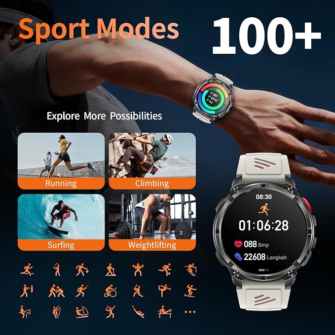 Military Smartwatch for Men with Compass & Flashlight, Bluetooth Calling Rugged Outdoor Smart Watch, Fitness Tracker with Heart Rate Sleep Monitor, Waterproof Tactical Smartwatch for Android iPhone