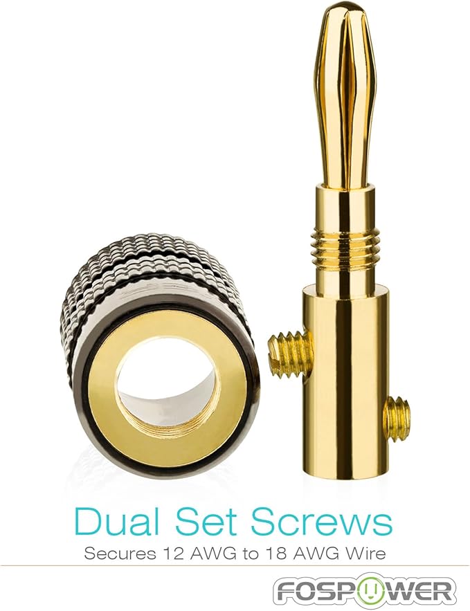 FosPower Banana Plugs 6 Pairs / 12 pcs, Closed Screw 24K Gold Plated Banana Speaker Plug Connectors for Speaker Wire, Wall Plate, Home Theater, Audio/Video Receiver, Amplifiers and Sound Systems