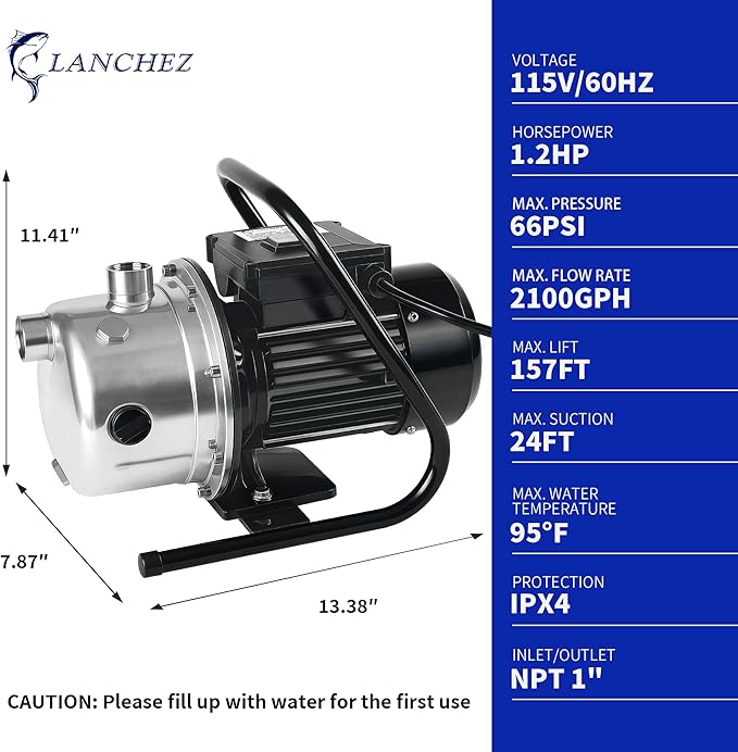 LANCHEZ Shallow Well Pump, Stainless Steel Garden Irrigation Pump, 115V Water Transfer Pump, Water Booster Jet Pump for Home Garden Lawn Farm, Silver