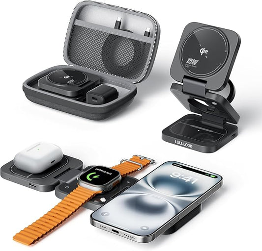 Qi2 MFi 3 in 1 Charging Station for Apple, Travel Magnetic Wireless Charger Stand for iPhone 17 Pro Watch and for Airpods, MFi and Qi2 Certified & 30W GaN Adapter Included (Hypervolt Black)