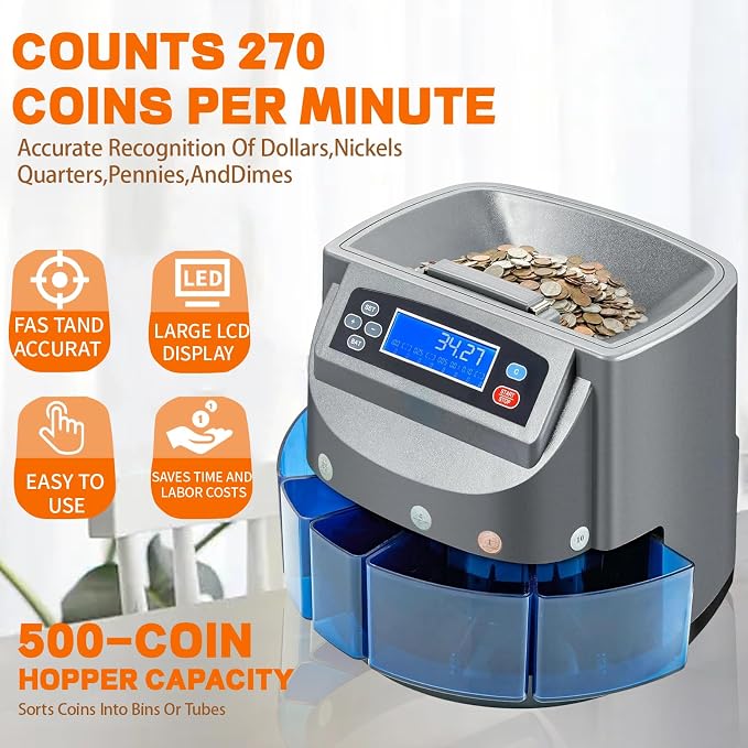 Coin Counter Machine,Coin Sorter Machine with LCD Display,Electric Coin Sorter Sort 270 Coins/Minute,500 Coins Capacity Automatic Change Counter,Applicable for Coins 1¢, 5¢, 10¢, 25¢, 1 Dollar