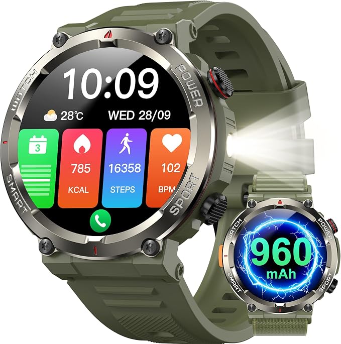 Military Tactical Smart Watches for Men, 100-Day Battery Rugged Fitness Watch with Compass & Flashlight, Sports Watch for Android with 1.45" HD Display AI Voice, IP68 Waterproof Smartwatch (Green)