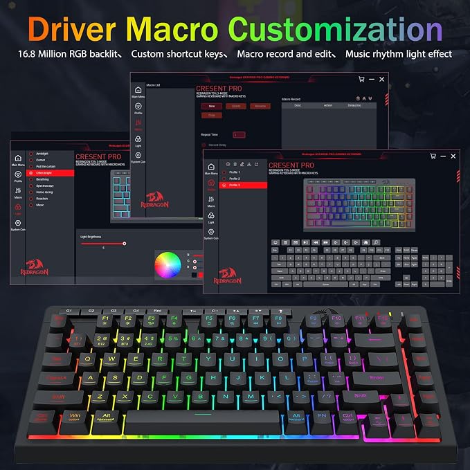Redragon Wireless Gaming Keyboard, Bluetooth/2.4GHz/USB-C Wired, RGB Backlit, Portable 75% Mini Quiet Macro Membrane Keyboard, Rechargeable 4000mAh Battery, Anti-Ghosting for Win/MAC