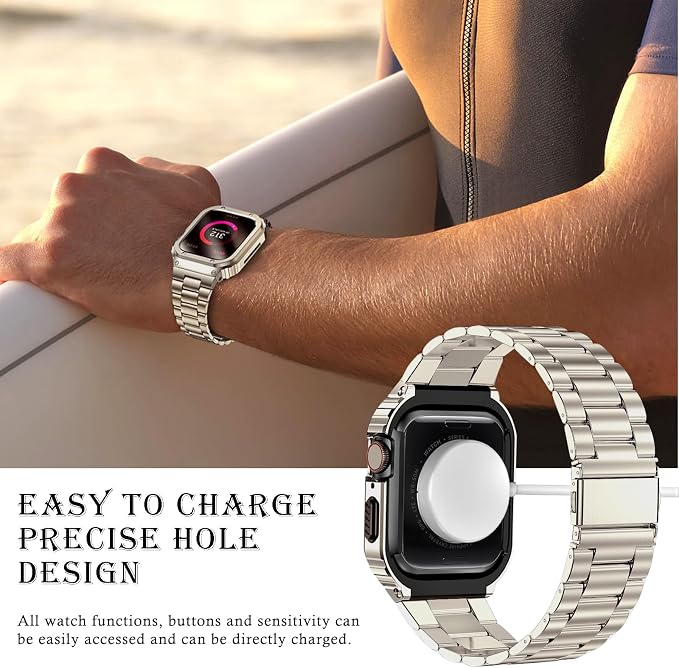 MioHHR Stainless Steel Band and Case Compatible with Apple Watch Band 45mm, Men Metal Protective Bumper Cover for iWatch Series 9/8/7, Titanium Color