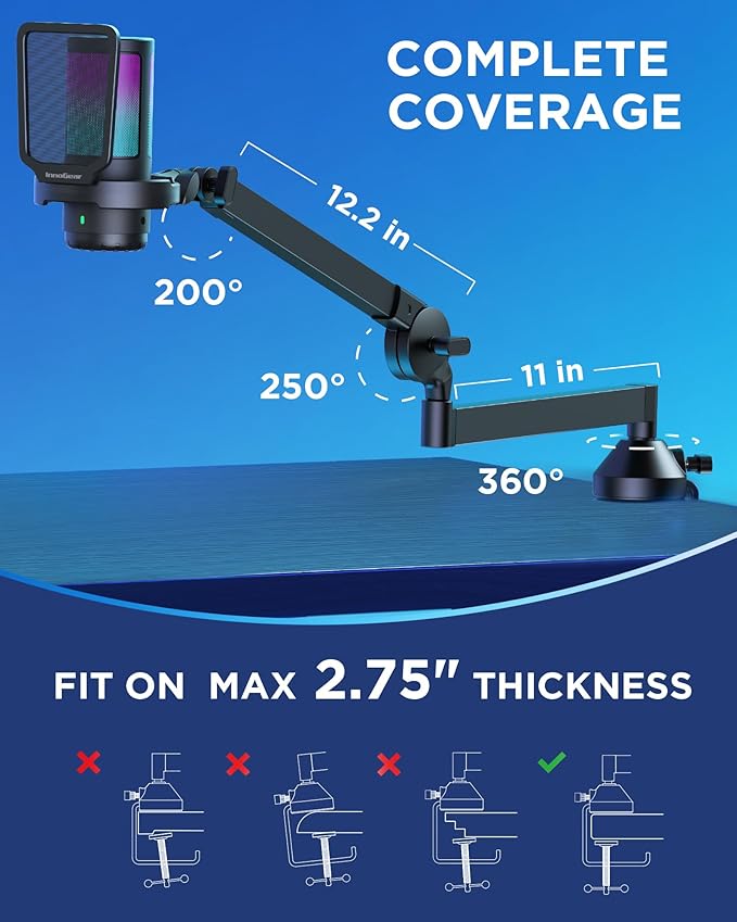InnoGear USB Gaming Microphone Set, Noise Cancellation Condenser Mic with Boom Arm RGB Mute Headphones Jack for Streaming Podcasting Recording Vocal PC Computer YouTube Discord PS4 PS5, Black